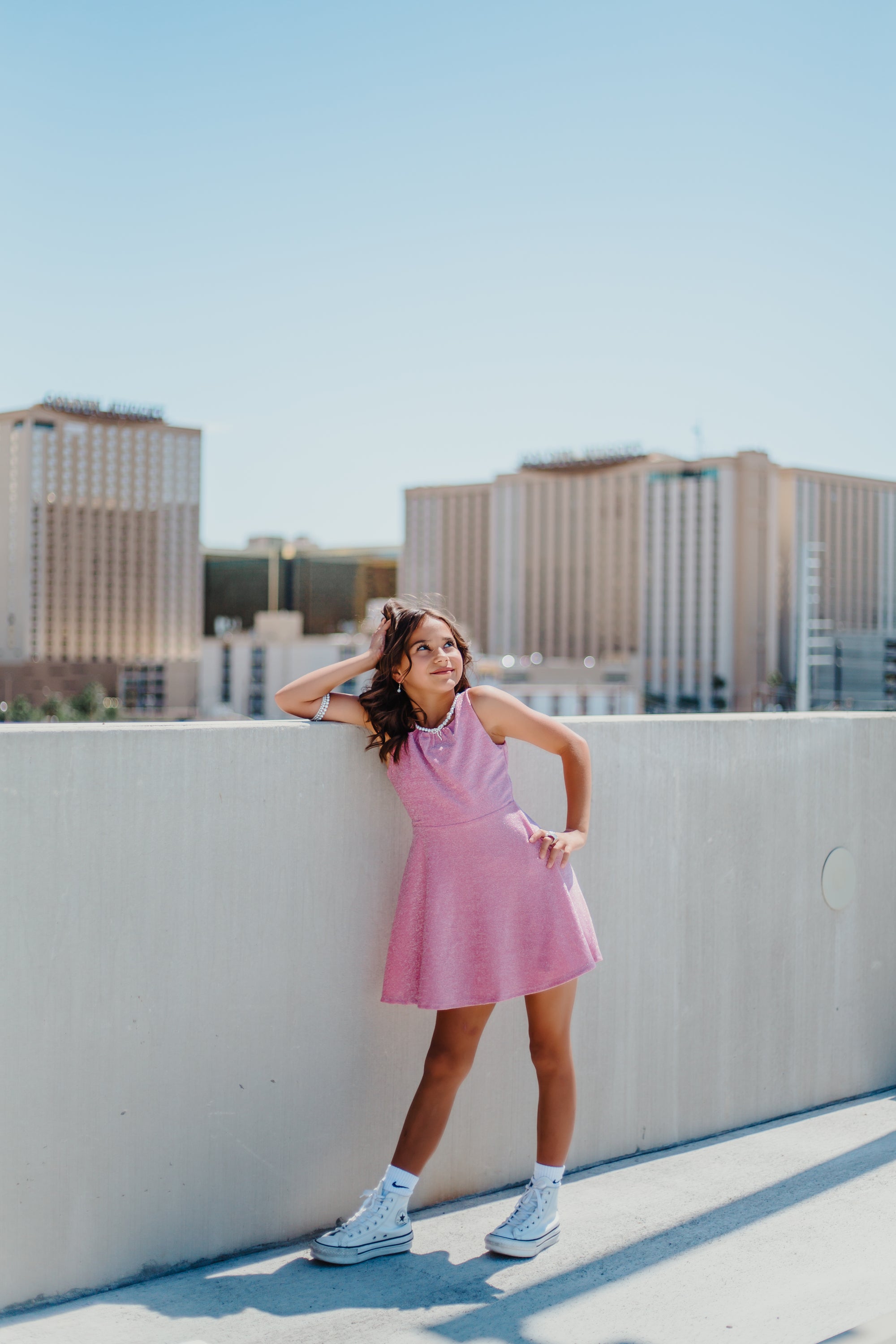 Ava & Yelly Lurex V-Back Tank Skater Dress Pink