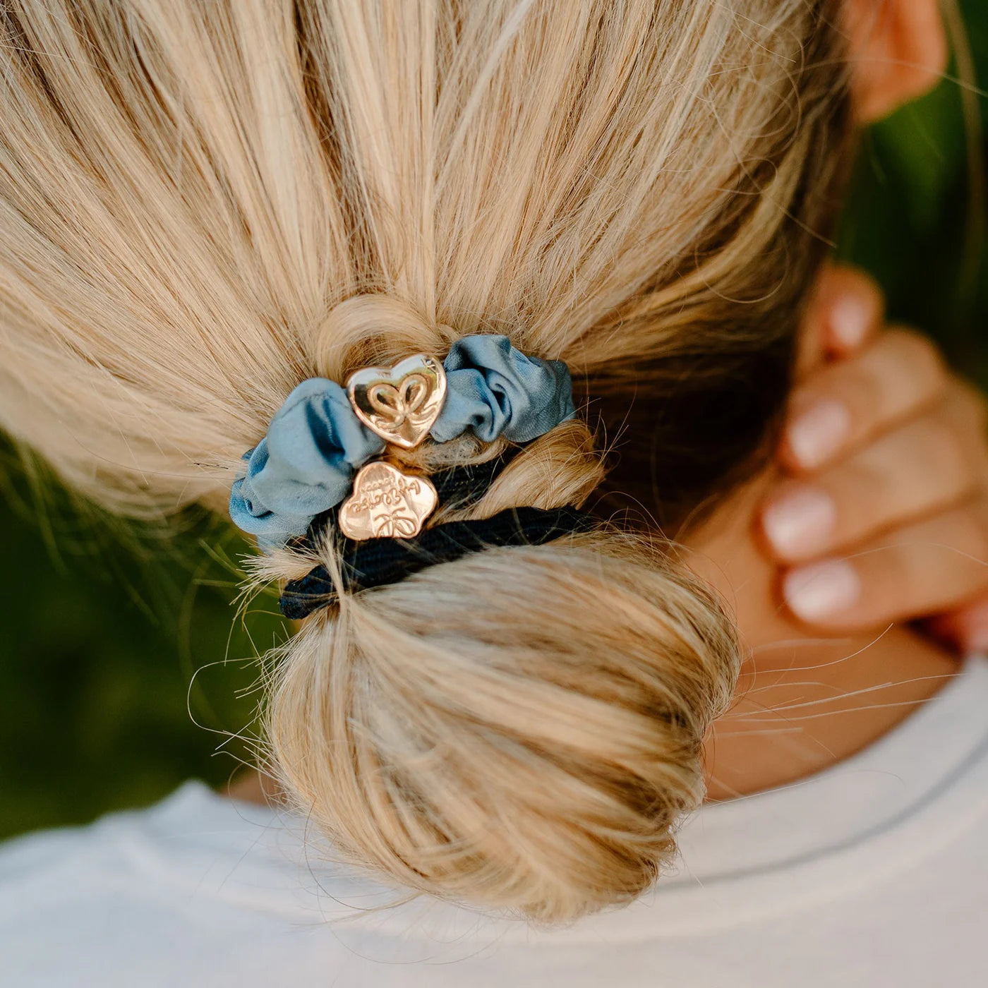 By Eloise Silver Heart Satin Scrunchie in Ice Blue