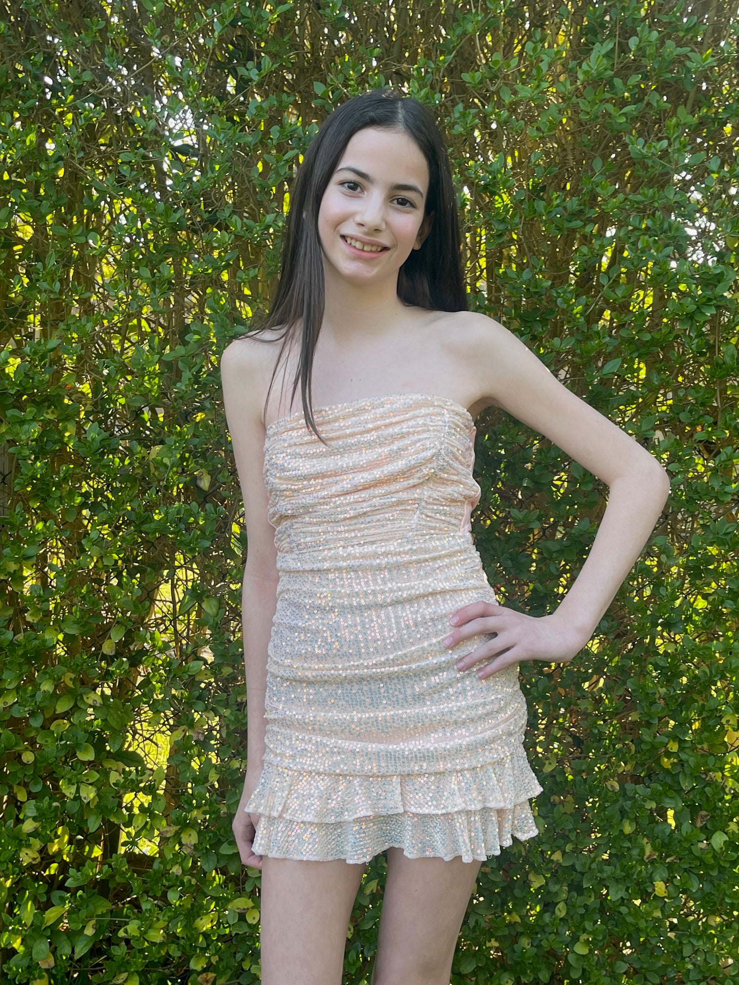 Lucy In The Sky Sequin Ruched Bodycon Dress In Peachy Pink