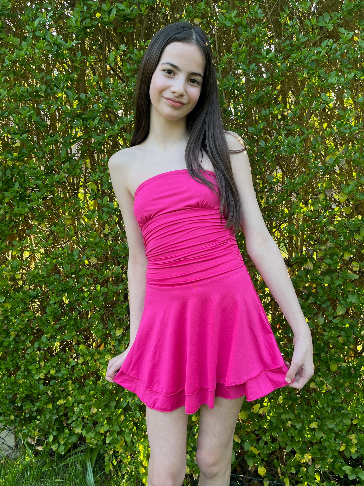 Lucy In The Sky Strapless Ruched A-Line Dress In Pink